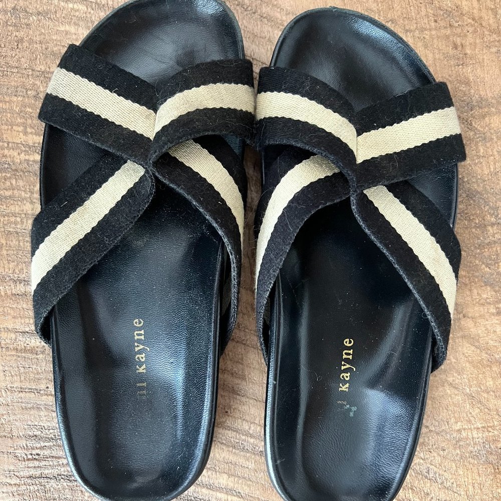 JENNI KAYNE Cotton Crossover Sandal Black White Slide Shoes Sz 37 US 7